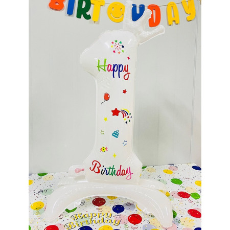 Balon din Folie Metalizata, Cyrax, Figurina Cifra, Model 1 cu Happy Birthday Scris, Tema Aniversare 81 cm, Ambalaj Individual, Pai Inclus, Umflare cu Aer sau Heliu, Alb