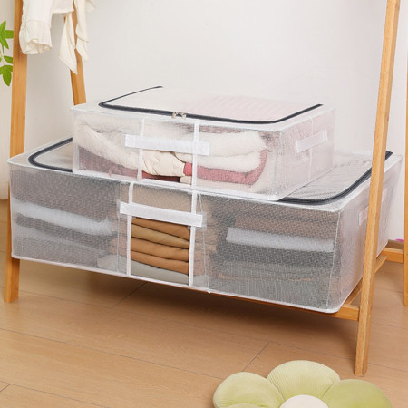 Cutie de Depozitare,  pentru Pantofi Haine, din Plasa PVC Impermeabila si Manere Laterale, Pliabila, Fermoar Bidirectional, 50 x 40 x 15 cm, Transparenta