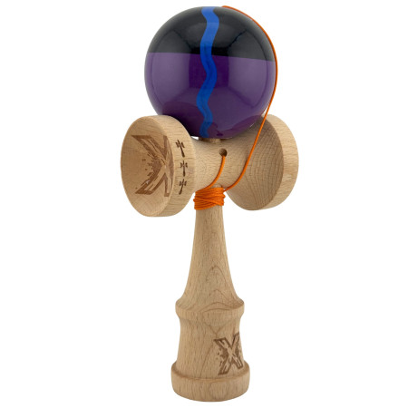 Kendama X Originala, Profesionala, Cyrax, Big Cups V2, Super Sticky Cupe Mari, Rulment Metalic cu Ata 55 cm, Negru Mov cu Linii