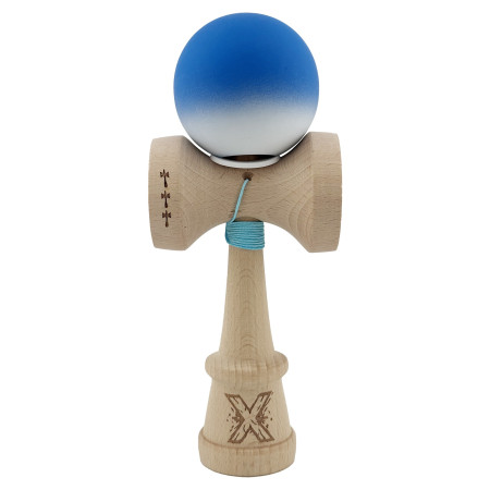 Kendama X Originala, Profesionala, Cyrax, Rubber Grip, Cupe Mari KING SIZE V3, Gaura in Baza, Rulment Metalic, din lemn 18 cm, Ata 62/65 cm, Gradient Albastru/Alb