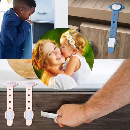 Siguranta pentru Usi Copii,  Sistem de Blocare Sertare, Dulap, Frigider, Adeziv, cu Sistem de Inchidere Dublu, Model Maimutica, Albastru