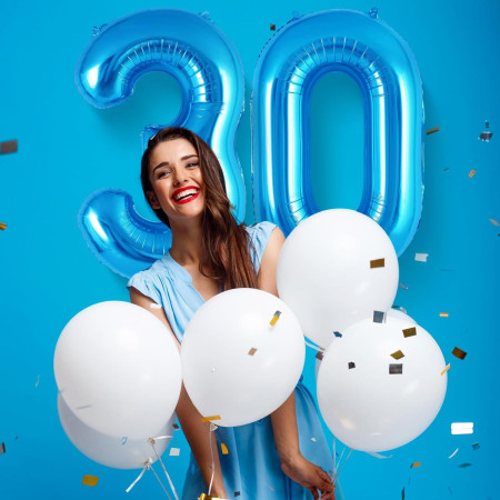 Balon din Folie Metalizata, Cyrax, Figurina Cifra, Tema Aniversare 80 cm, Ambalaj Individual, Pai inclus, Umflare cu Aer sau Heliu, Albastru, Cifra 0