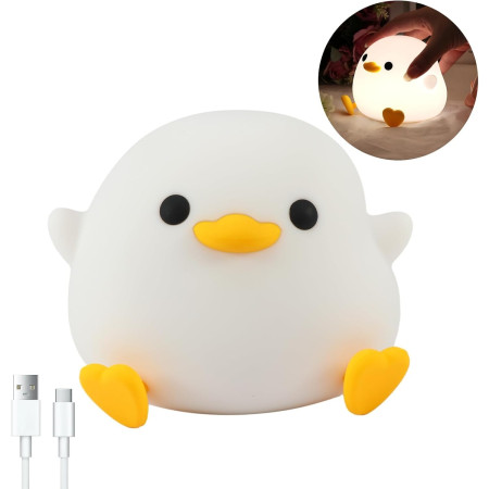 Lampa de Veghe pentru Copii,  din Silicon, Senzor Tactil, Model Ratusca, Lumina Calda, Timer Automat, Protectie pentru Ochi, Incarcare USB Putere 0.5W, Capacitate Baterie Incorporata 800mAh, 12.2x10.5x9.2 cm, Alb