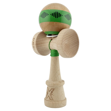 Kendama X Originala FREQUENCY, Profesionala, Cyrax, Cupe Mari KING SIZE V3, Super Sticky, Gaura in Baza, Rulment Metalic, din lemn 18 cm, Ata 55 cm, Verde/Maro