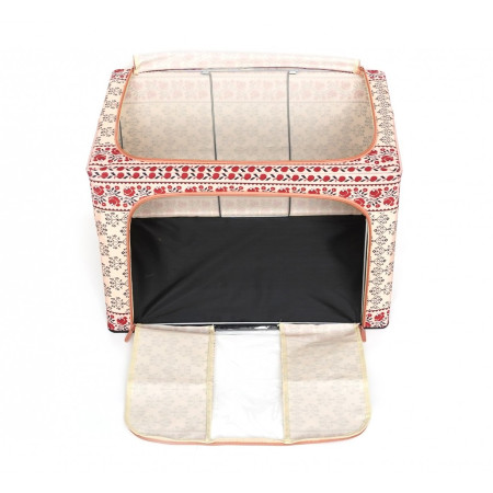 Cutie de Depozitare Pliabila, 100 L din Bumbac si In, 60X42X40 cm, Fereastra Frontala, 2 Usi de Acces cu Fermoar Bidirectional, Cadru Metalic, Suport Baza Stabil din Plastic, Motiv Traditional Model 3