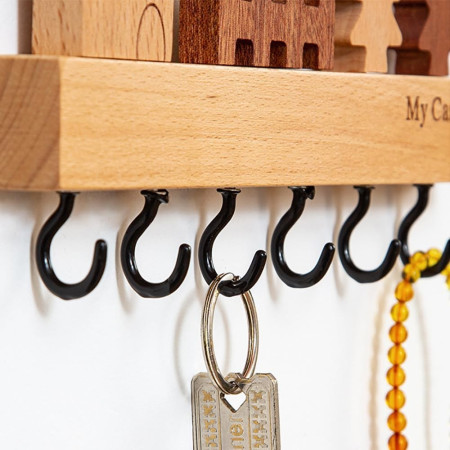 Suport pentru Chei,  din Lemn, Aplicare fara Perforare, Adeziv Inclus, 6 Carlige Negre, Model Casuta, Greutate Suportata 5 kg, 14.5 x 2 x 22.5 cm, Maro
