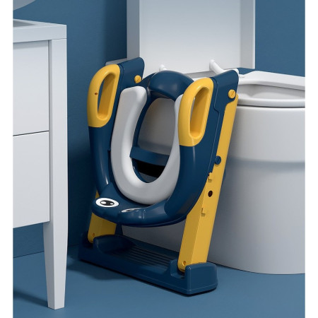 Reductor si Scaunel Inaltator WC, Cyrax, pentru Copii 1 - 7 Ani, 2 Trepte Reglabile, Pliabil, Colac Moale, cu Spatar si Manere, Inaltime 54/58 cm x 39.5 x 35 cm, din Plastic+PVC, Albastru/Portocaliu