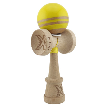 Kendama X Originala RAINBOW, Profesionala, Cyrax, Cupe Mari KING SIZE V3, Super Sticky, Gaura in Baza, Rulment Metalic, din lemn 18 cm, Ata 55 cm, Galben/Maro