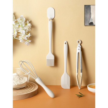 Set 6 Ustensile de Bucatarie, Cyrax, din Silicon+Inox, Termorezistente, Antiaderente, 23 x 13 x 3 cm, Alb Ivory