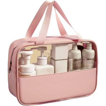 Geanta pentru cosmetice, Cyrax, Geanta pentru Voiaj sau Organizarea produselor Cosmetice, Geanta pentru Machiaj, din PVC si PU, 26 x 15 x 10 cm, Roz