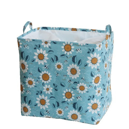 Cos depozitare,  Capac cu Snur, 175 L, Confectionat din Bumbac si un Strat Impermeabil, 50 x 50 x 70 cm, Albastru Deschis, Imprimeu Flori