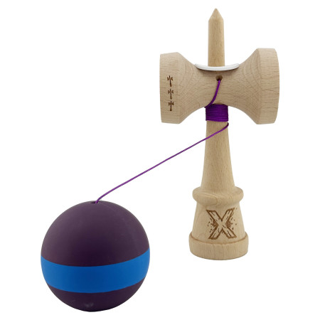 Kendama X Originala, Profesionala, Cyrax, Cupe Mari KING SIZE V3, Rubber Grip, Gaura in Baza, Rulment Metalic, din lemn 18 cm, Ata 62/65 cm, M Mov/Albastru/Mov