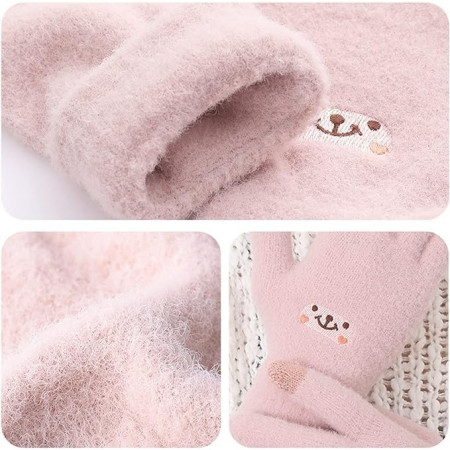 Manusi Dama,  Model Fata Zambitoare, Functie Touchscreen (ecran tactil), Material Lana Brodata, Manseta Elastica, Interior Pufos, Marime Universala, Roz