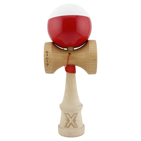 Kendama X Originala, Profesionala, Cyrax, Big Cups V2, Super Sticky cu Cupe Mari, Rulment Metalic, din lemn 18 cm, Ata 55 cm, Alb/Rosu
