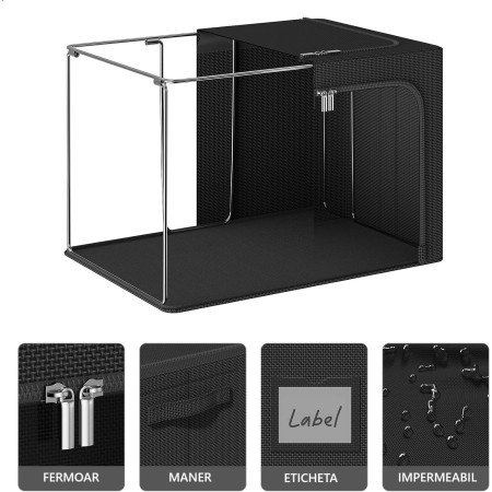 Cutie de Depozitare,  cu 3 Ferestre cu Fermoar Bidirectional, Cadru din Otel, Impermeabil, 38L, 42 x 30 x 30 cm, Negru