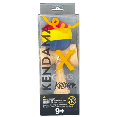 Kendama X Originala, Profesionala, Cyrax, din Lemn, Rubber Grip, 18 cm, Rosu/Galben/Albastru