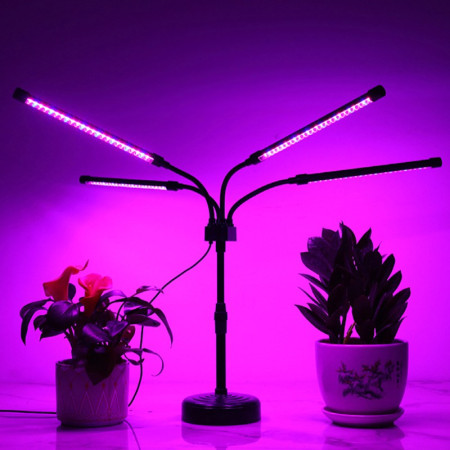 Lampa UV pentru cresterea plantelor,  Alimentare cu USB, 20W, 4 capete, 96 LED-uri, 9 nivele lumina, Timer, Inaltime Ajustabila pana la 65 cm Lumina Mov
