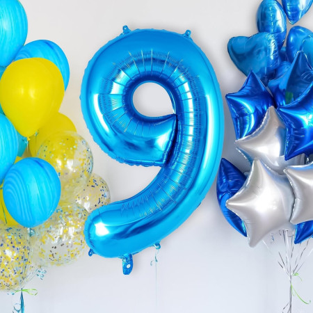 Balon din Folie Metalizata, Cyrax, Figurina Cifra, Tema Aniversare 100 cm, Ambalaj Individual, Pai inclus, Umflare cu Aer sau Heliu, Albastru, Cifra 9