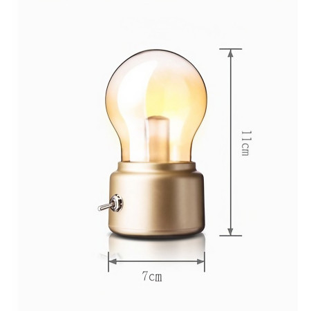 Lampa LED Decorativa sub forma de Bulb, Retro pentru interior, Bej/ Transparent, 5 V, 500 mA, ABS, Lumina Calda, Incarcare USB, Autonimie 12 Ore, Comutator Metalic,  11x7x6 cm