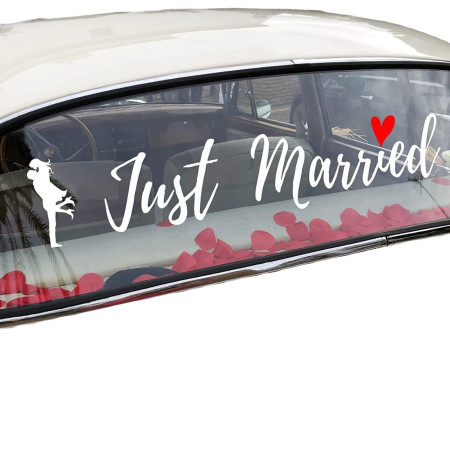 Sticker Autocolant, Cyrax, Tematica Nunta, Model Indragostiti, cu Scris Just Married, 50x11.5 cm, Alb