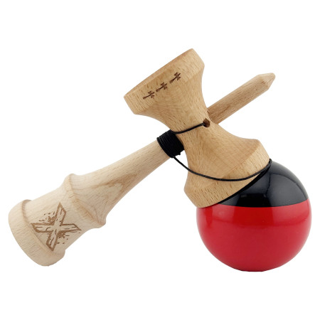 Kendama X Originala, Profesionala, Cyrax, Big Cups V2, Super Sticky cu Cupe Mari, Rulment Metalic, din lemn 18 cm, Ata 55 cm, Negru/Rosu