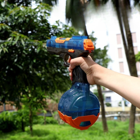 Pistol cu Apa Electric, Cyrax, 2 Rezervoare 75/350 ml, din ABS+Silicon, Baterie, Incarcare USB, Conectare la Furtun, +6 Ani, Albastru