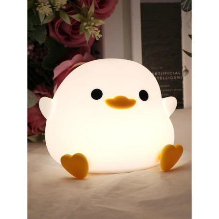 Lampa de Veghe pentru Copii,  din Silicon, Senzor Tactil, Model Ratusca, Lumina Calda, Timer Automat, Protectie pentru Ochi, Incarcare USB Putere 0.5W, Capacitate Baterie Incorporata 800mAh, 12.2x10.5x9.2 cm, Alb