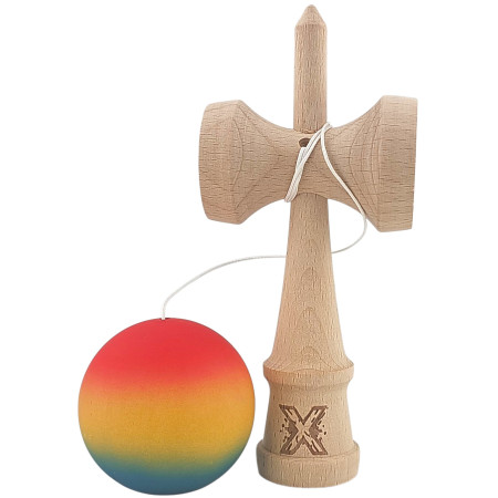Kendama X Originala, Profesionala, Cyrax, din Lemn, Rubber Grip, 18 cm,Rosu/Galben/Albastru