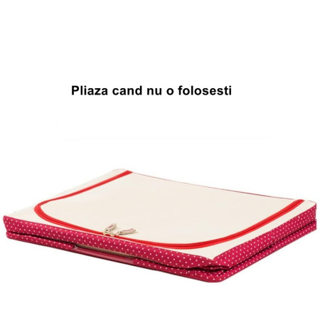 Cutie de Depozitare Pliabila,  cu Fermoar, 100 L, Textil, 60x42x40 cm, O Fereastra, Cadru Metalic, Suport Baza Stabil din Plastic, imprimeu punctat, Rosu
