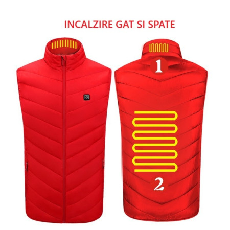 Vesta cu Incalzire,  Unisex, 2 Zone de Incalzire, Umplutura Bumbac, 3 Trepte de Temperatura, Incarcare USB, Rosu, 58 - 65 kg, Marime XL