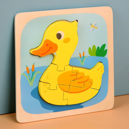 Puzzle Montessori din Lemn pentru Copii, Cyrax, 3D, 0-3 Ani, Model Ratusca, Educativ, Intuitiv, Creativ, 5 Piese, 15x15x0.5 cm, Multicolor