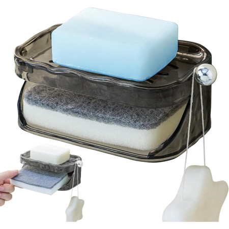 Savoniera Dubla,  2 Straturi, Instalare fara Perforare, Agatatoare Burete, 13.5 x 8.5 x 6 cm, Gri