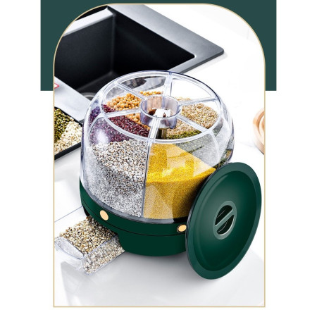 Dozator de cereale Cyrax, rotativ 360, 6 compartimente, capacitate 6 L, rezistent la umezeala, inchidere etansa, verde