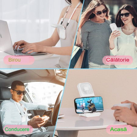 Ventilator Portabil  3 in 1, de Mana, de Gat, de Birou, 16.7 x 8 x 1.9 cm, 3 Trepte de Viteza, Incarcare USB, Pliabil, Afisaj Digital, Suport Telefon, Alb