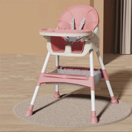 Scaun de Masa pentru Bebelusi si Copii, Cyrax, cu Roti, Telescopic, Pliabil, Masuta Reglabila, Suport Picioare, Scaun cu Invelis Piele Artificiala, Centura Siguranta, Spatiu Depozitare, 97x73x65 cm, Roz