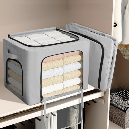 Cutie de Depozitare,  cu 3 Ferestre cu Fermoar Bidirectional, Cadru din Otel, Impermeabil, 38L, 42 x 30 x 30 cm, Gri