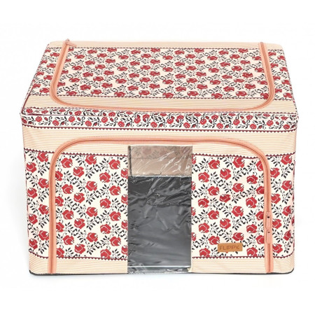 Cutie de Depozitare Pliabila,  66 L din Bumbac si In, 52 x 42 x 39 cm, Fereastra Frontala, 2 Usi de Acces cu Fermoar Bidirectional, Cadru Metalic, Suport Baza Stabil din Plastic, Motiv Traditional Model 7