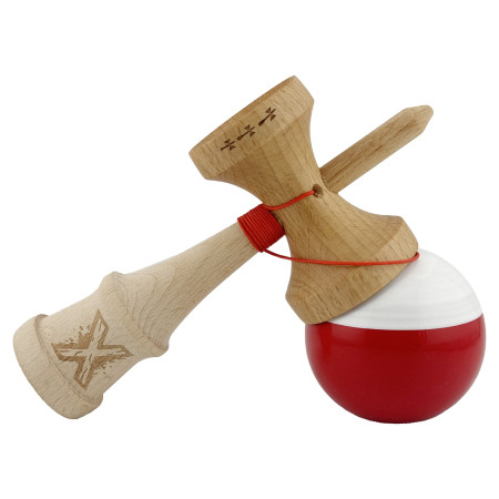 Kendama X Originala, Profesionala, Cyrax, Big Cups V2, Super Sticky cu Cupe Mari, Rulment Metalic, din lemn 18 cm, Ata 55 cm, Alb/Rosu