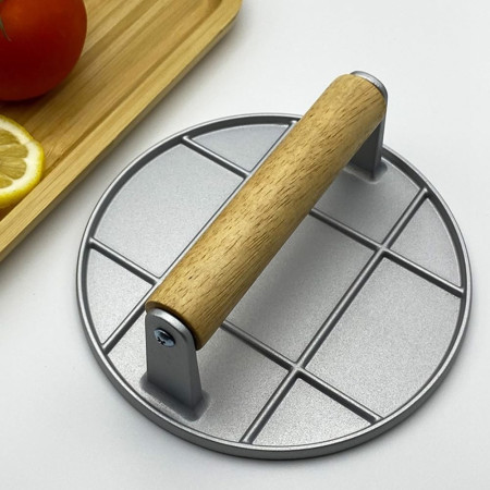 Presa Manuala pentru Carne, Cyrax, din Aliaj de Aluminiu, Maner din Lemn, Presa pentru Burgeri, Usor de Curatat si Folosit, Rotunda, 16x16x6 cm, Gri
