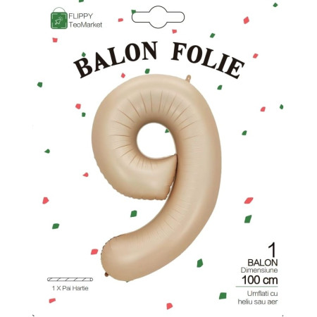 Balon din Folie Metalizata, Cyrax, Figurina Cifra, Model 9, Tema Aniversare 100 cm, Ambalaj Individual, Pai Inclus, Umflare cu Aer sau Heliu, Crem