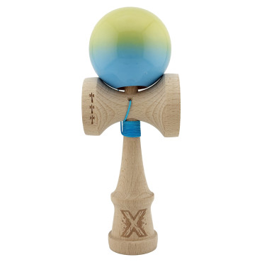 Kendama X Originala, Profesionala, Cyrax, Big Cups V2, Super Sticky cu Cupe Mari, din lemn 18 cm, Rulment Metalic cu Ata 55 cm, Galben/Albastru