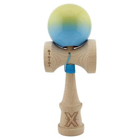 Kendama X Originala, Profesionala, Cyrax, Big Cups V2, Super Sticky cu Cupe Mari, din lemn 18 cm, Rulment Metalic cu Ata 55 cm, Galben/Albastru