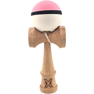 Kendama X Originala, Profesionala, Cyrax, din Lemn, 18 cm, Rubber Grip, Roz/Negru/Alb