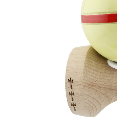 Kendama X Originala Silken, Profesionala, Cyrax, Cupe Mari KING SIZE V3, Super Sticky, Gaura in Baza, Rulment Metalic, din lemn 18 cm, Ata 62/65 cm, Cream Galben