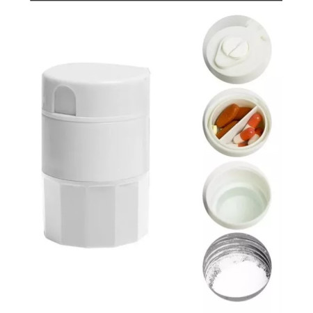 Cutie Pastile Multifunctionala,  4 in 1, Pahar Apa, Taiere, Sfaramare, Depozitare, Compact, ABS cu Lama din Inox, Alb, 8.7x6.2x4.1 cm