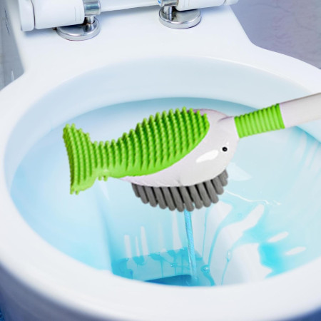 Perie de Toaleta,  cu Suport de Perete, Recipient Detergent, 2 Tipuri de Perii, Model Balena, Verde