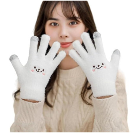 Manusi Dama,  Model Fata Zambitoare, Functie Touchscreen (ecran tactil), Material Lana Brodata, Manseta Elastica, Interior Pufos, Marime Universala, Alb