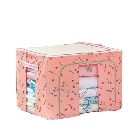 Cutie de Depozitare Pliabila,  66 L, din Tesatura Oxford, 50x40x33 cm, 2 Ferestre, Frontala si Laterala, 2 Usi de Acces cu Fermoar Bidirectional, Cadru Metalic, Suport Baza Stabil din Plastic, Imprimeu Cirese, Roz