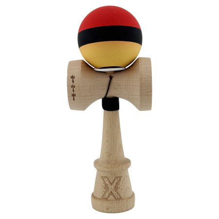 Kendama X Originala, Profesionala, Cyrax, Cupe Mari KING SIZE V3, Rubber Grip, Gaura in Baza, Rulment Metalic, din lemn 18 cm, Ata 62/65 cm, M Rosu/Negru/Galben