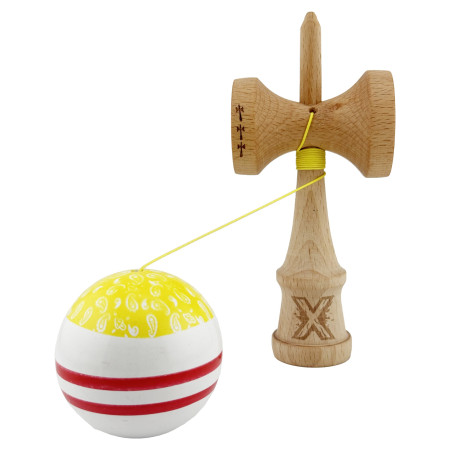 Kendama X CHICANOS Originala, Profesionala, Cyrax, Big Cups V2, Super Sticky cu Cupe Mari, Rulment Metalic, din lemn 18 cm, Ata 55 cm, Auriu/Alb